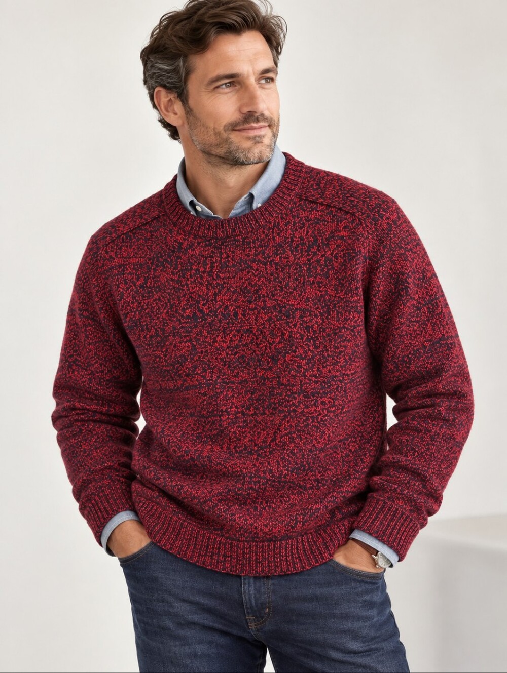 Lands’ End Red Navy Marled Crewneck Heavy Knit Sweater XXL Vintage Inspired